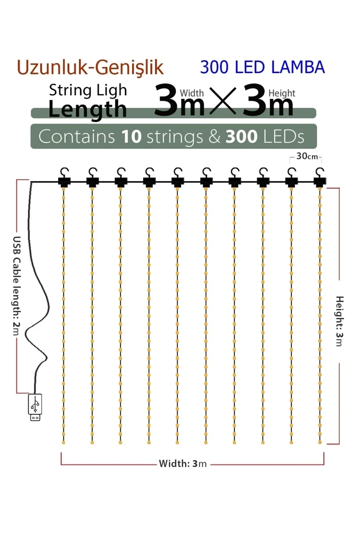 8 Fonksiyonlu Peri Perde Led Uzaktan Kumandalı Günışığı Perde Peri Led (3 Mt X 3 Mt) - Lisinya