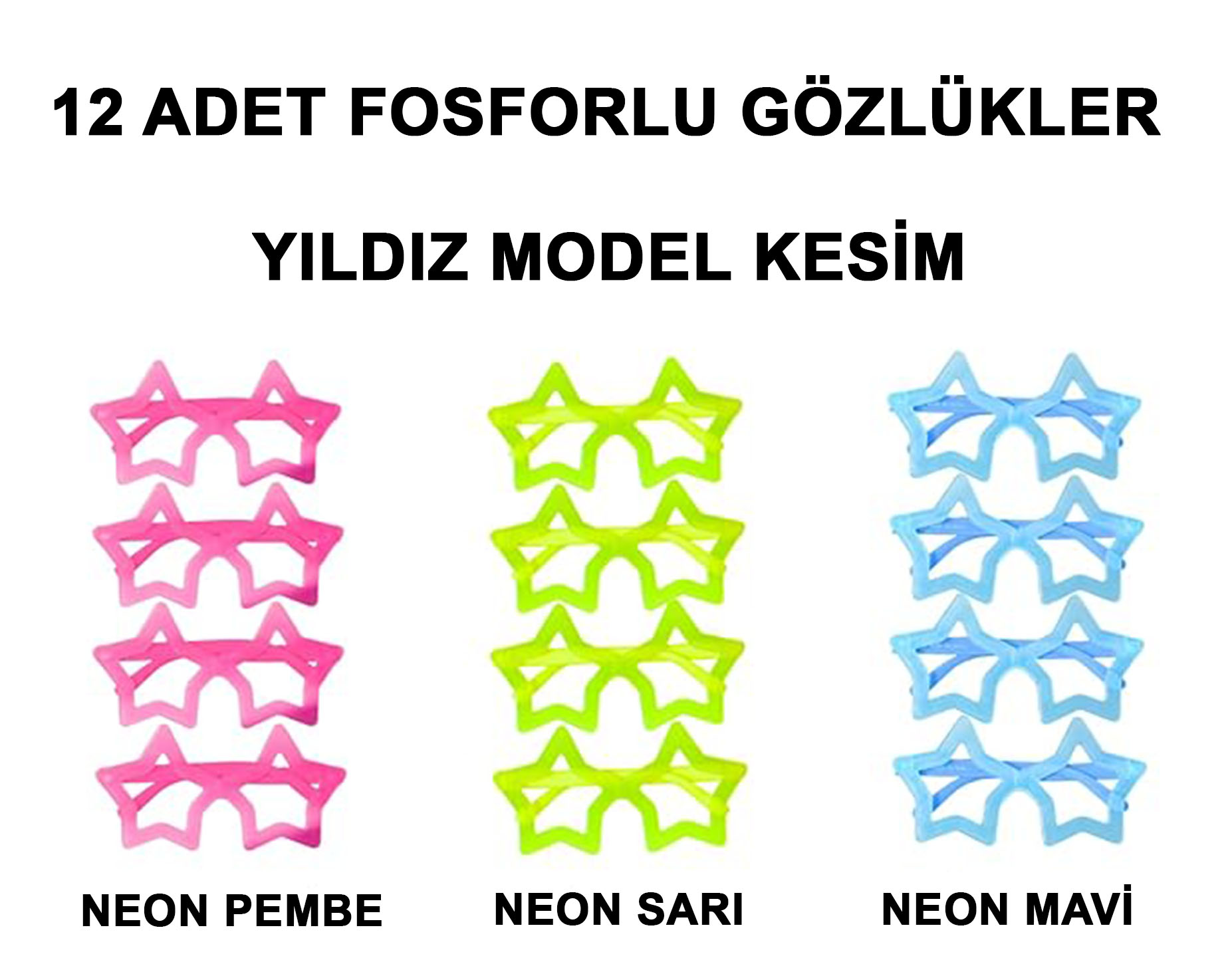 Fosforlu Yıldız Model Glow Parti Gözlüğü Karanlıkta Yanan Gözlükler 12 Adet (4767) - Lisinya