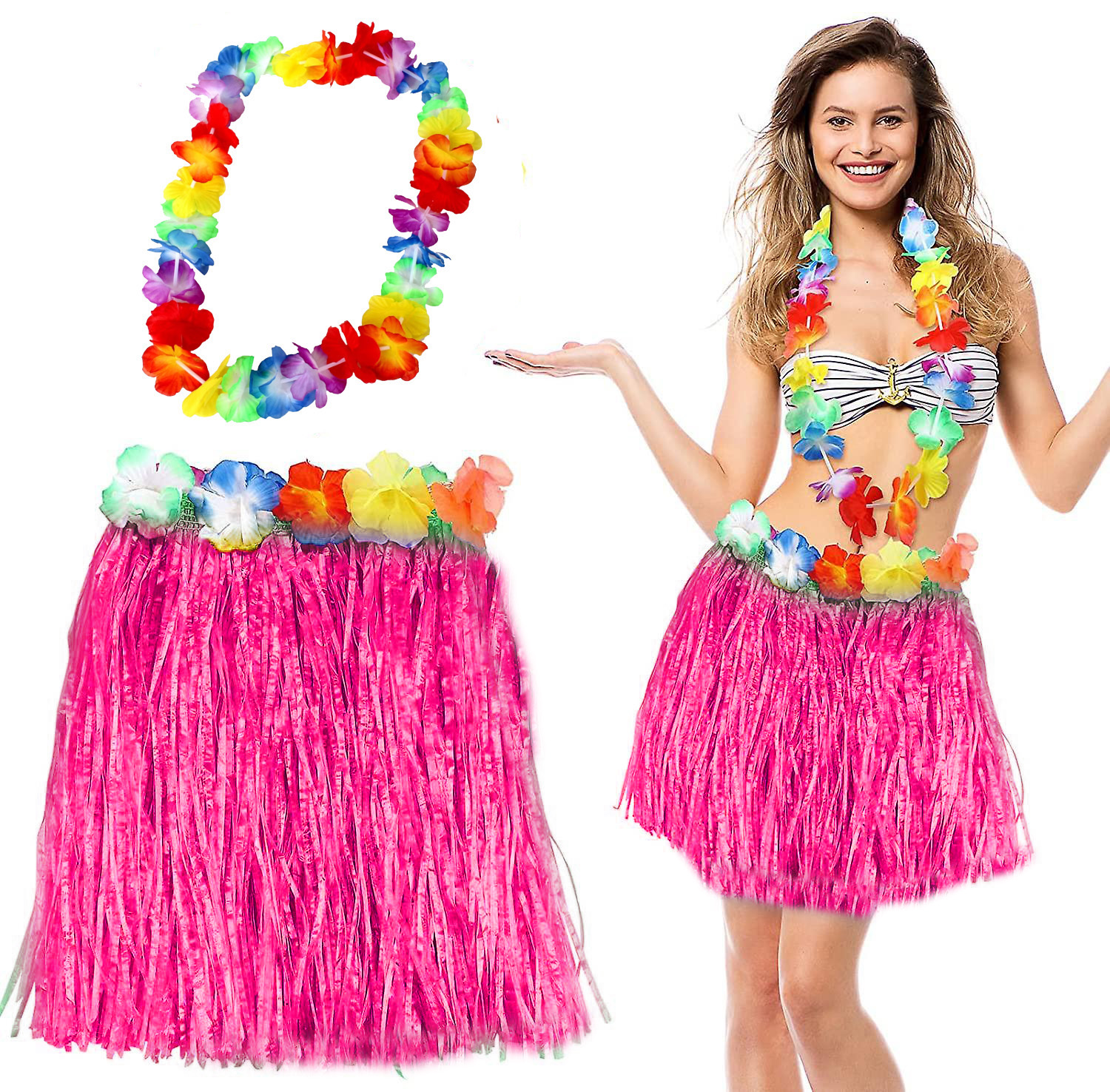 Hawaii Luau Aloha Pembe Püsküllü 40 cm Etek ve Hawaii Kolye Seti (4767) - Lisinya