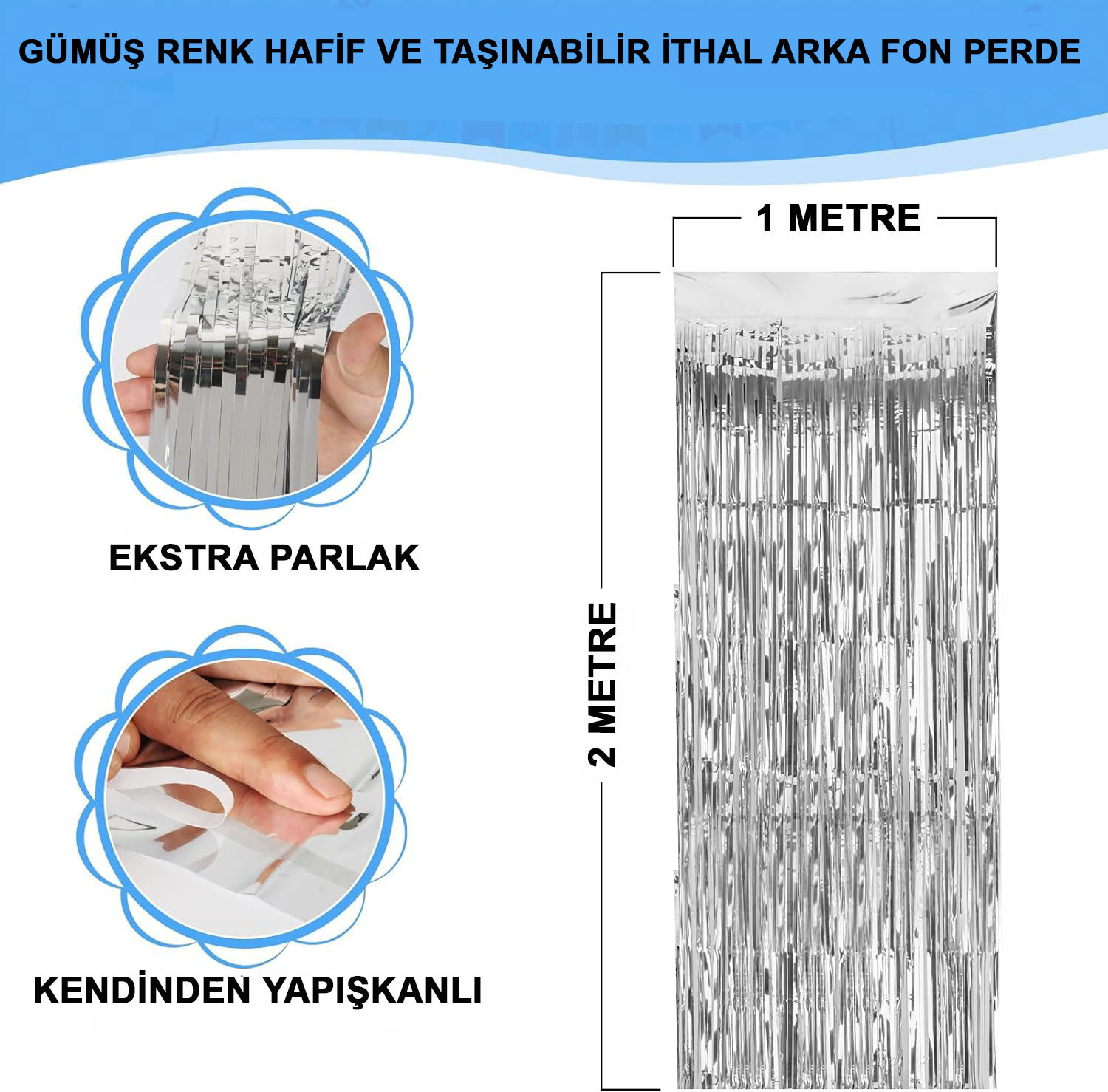 Gümüş Renk Ekstra Metalize Parlak Saçaklı Arka Fon Perde İthal A Kalite 1x2 Metre (4767) - Lisinya