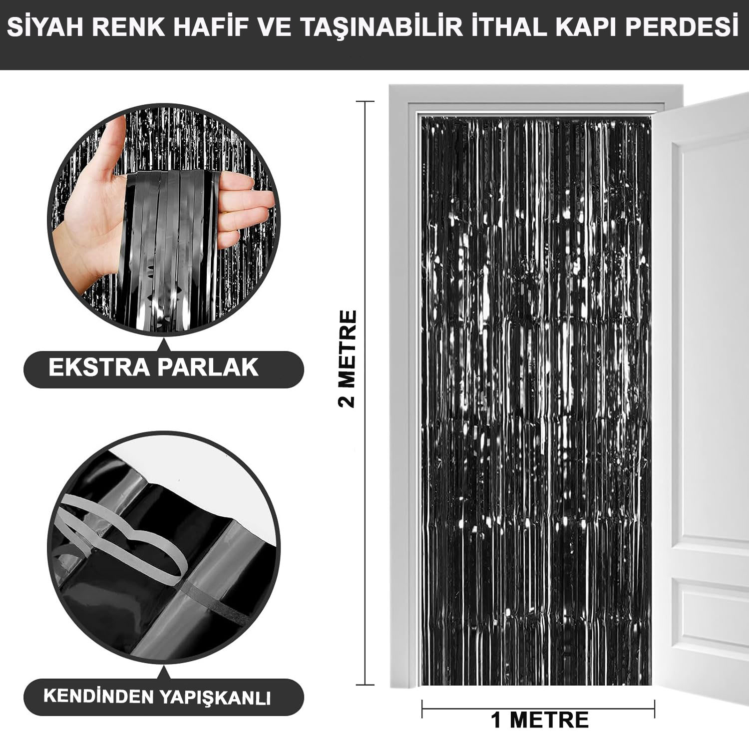 Siyah Renk Ekstra Metalize Parlak Saçaklı Arka Fon Perde İthal A Kalite 1x2 Metre (4767) - Lisinya