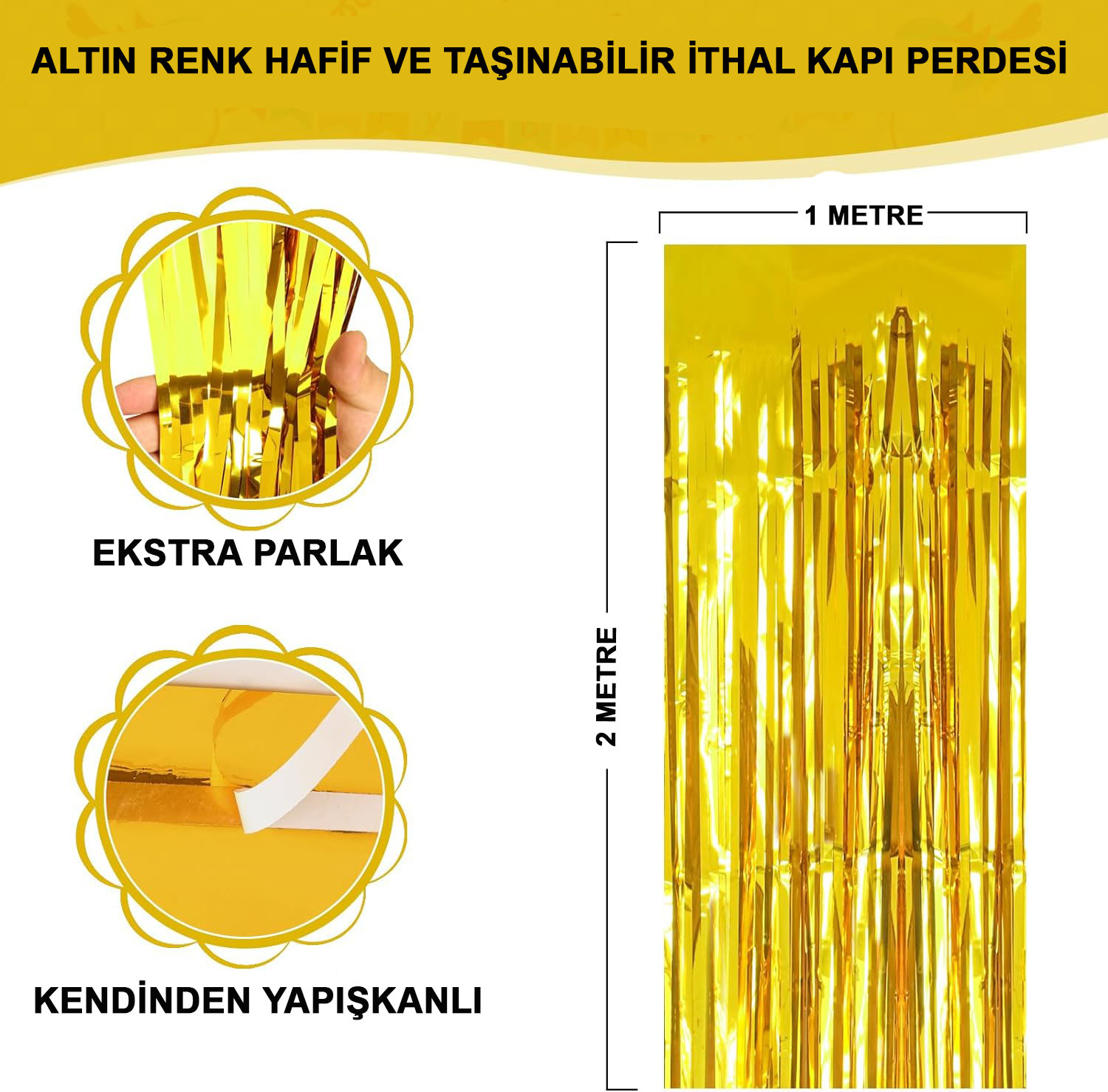 Altın Gold Renk Ekstra Metalize Parlak Saçaklı Arka Fon Perde İthal A Kalite 1x2 Metre (4767) - Lisinya