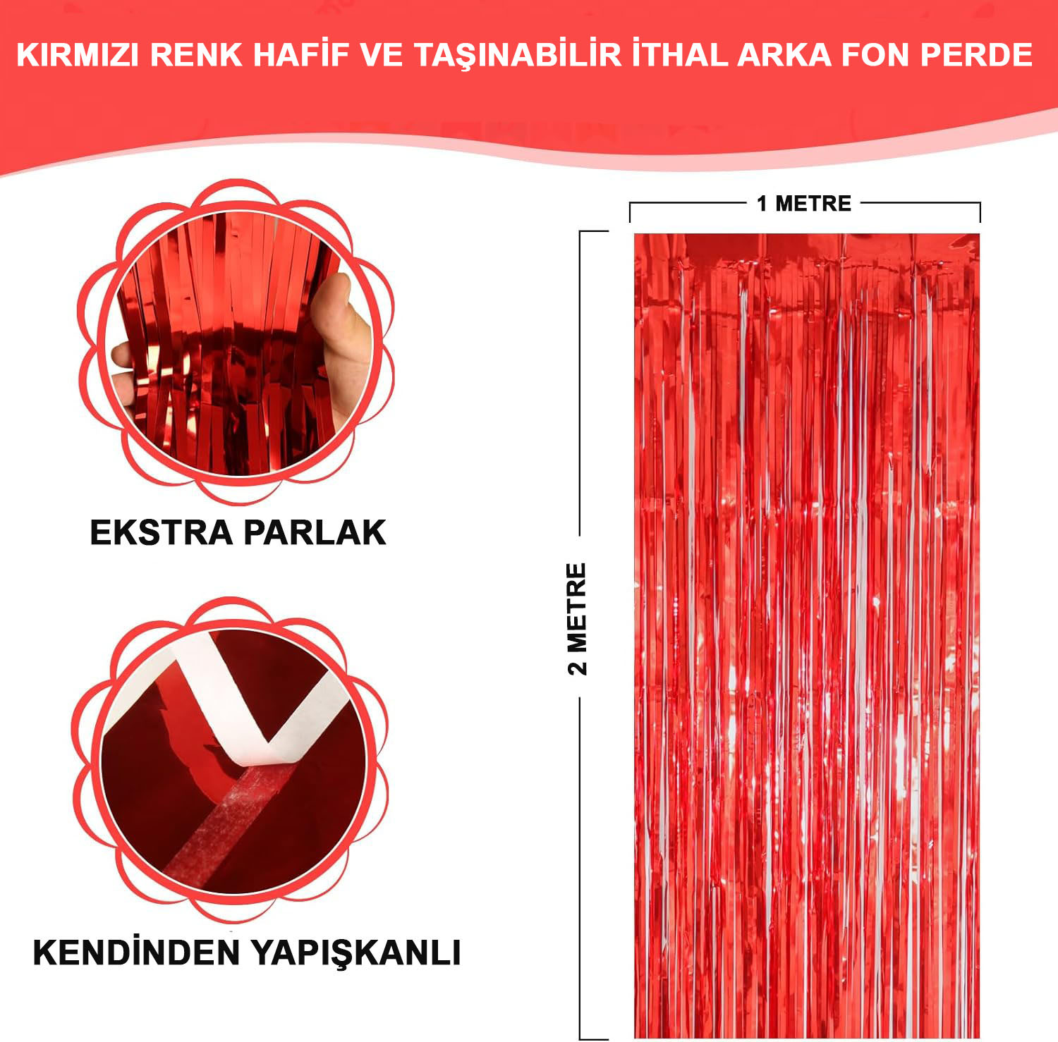 Kırmızı Renk Ekstra Metalize Parlak Saçaklı Arka Fon Perde İthal A Kalite 1x2 Metre (4767) - Lisinya