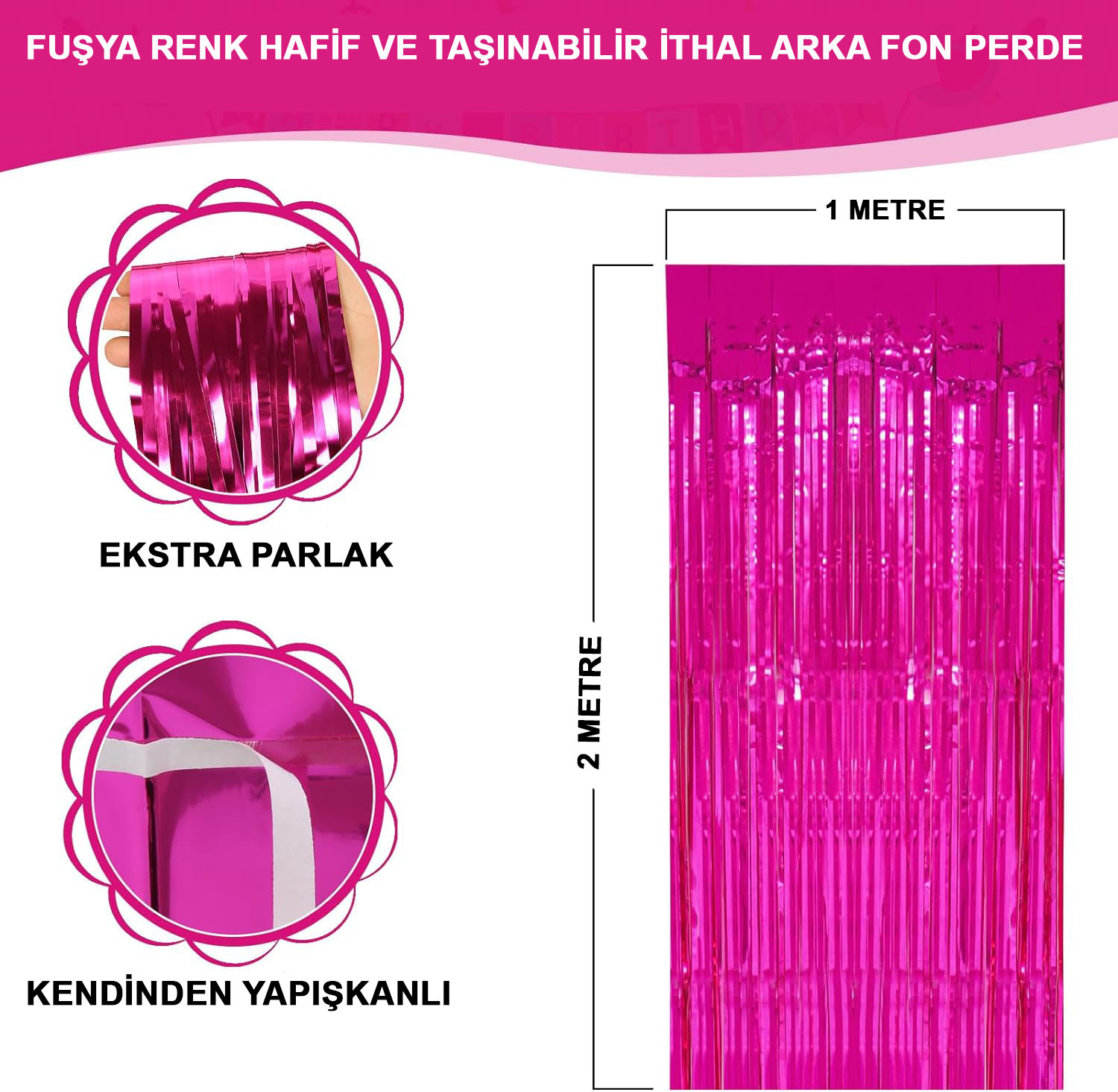 Fuşya Renk Ekstra Metalize Parlak Saçaklı Arka Fon Perde İthal A Kalite 1x2 Metre (4767) - Lisinya