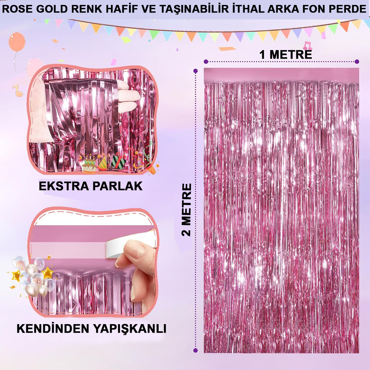 Rose Gold Renk Ekstra Metalize Parlak Saçaklı Arka Fon Perde İthal A Kalite 1x2 Metre (4767) - Lisinya