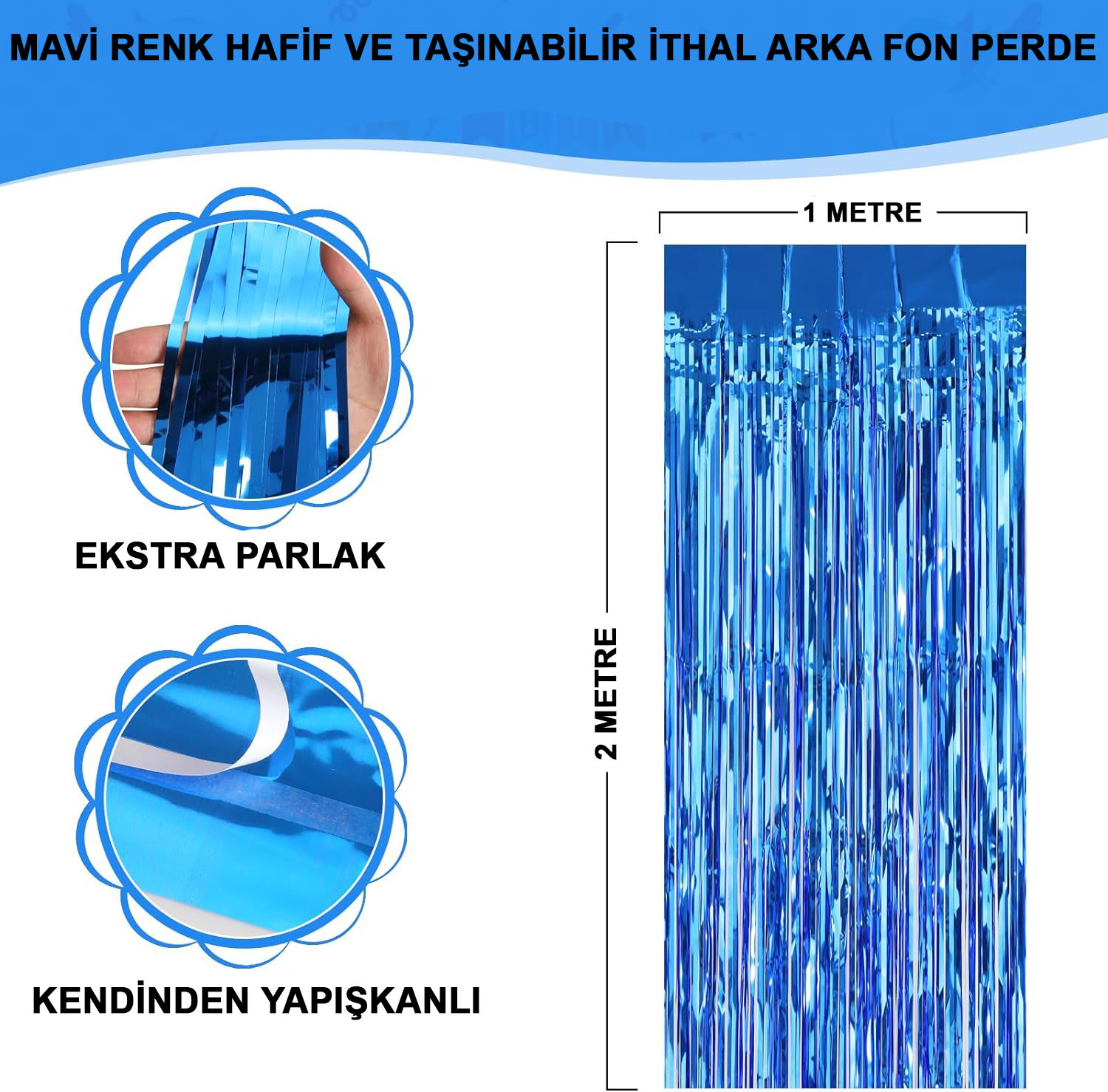 Mavi Renk Ekstra Metalize Parlak Saçaklı Arka Fon Perde İthal A Kalite 1x2 Metre (4767) - Lisinya