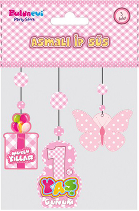 1 Yaş Temalı Asmalı İp Süs Pembe Renk 3 lü Set 12x45 cm (4767) - Lisinya