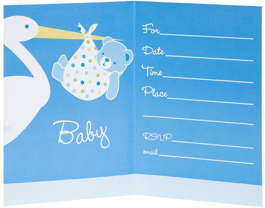 Baby Boy Stork Temalı Mavi Renk Baby Shower Davetiye 8 Adet (4767) - Lisinya