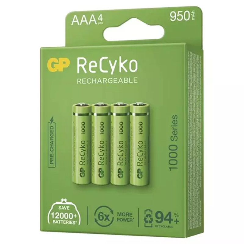 GP RECYKO 950 MAH AAA İNCE 4LÜ ŞARJLI KALEM PİL GP100AAAHCE-2EB4 (GPRHC103E001) (4767) - Lisinya