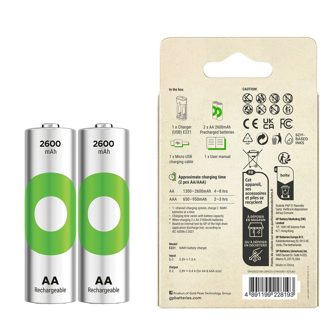 GP RECYKO E221 2 X 2600 MAH R6 AA PİLLİ PİL ŞARJ CİHAZI (GP-E221/270AHCER21-2GTLB2) (4767) - Lisinya