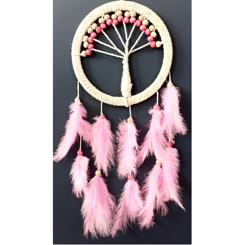 Pembe Kuş Tüylü Hayat Ağacı Düş Kapanı Dream Catcher Duvar Süsü - Lisinya