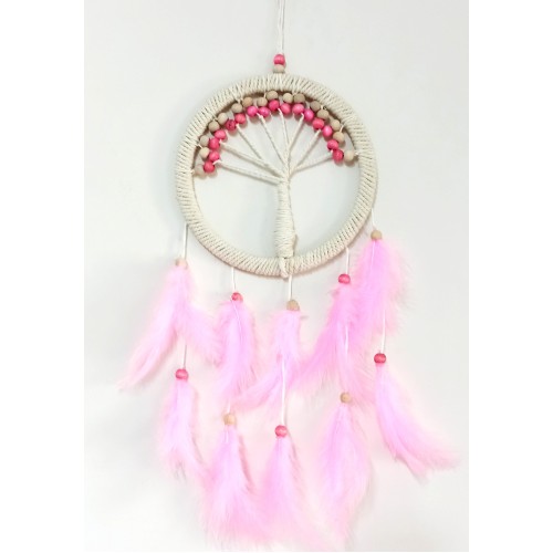 Pembe Kuş Tüylü Hayat Ağacı Düş Kapanı Dream Catcher Duvar Süsü - Lisinya