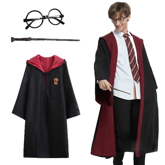 Harry Potter Gryffindor Kapişonlu Çocuk Kostüm + Asa + Gözlük Seti 9-10 Yaş (4767) - Lisinya