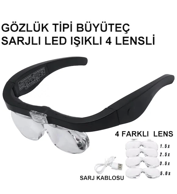 Şarjlı Gözlük Büyüteç  4 Farklı Lens 11537dc - Lisinya