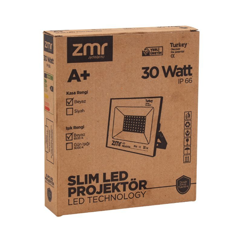 Zmr 30 Watt 6500k Ip66 150* Işık Açısı 220 Volt Siyah Slim Kasa Led Projektör (4172)