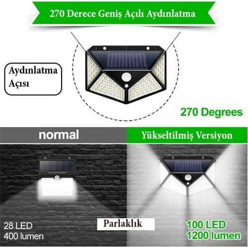 Solar Bahçe Lambası 100 Ledli Sensörlü Solar Lamba Güneş Enerjili Bahçe Aydınlatma (4172)