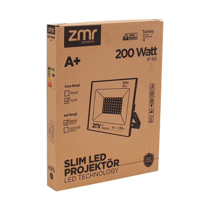 Zmr 200 Watt Beyaz 6500k Ip66 150* Işık Açısı 220 Volt Siyah Slim Kasa Led Projektör (4172)