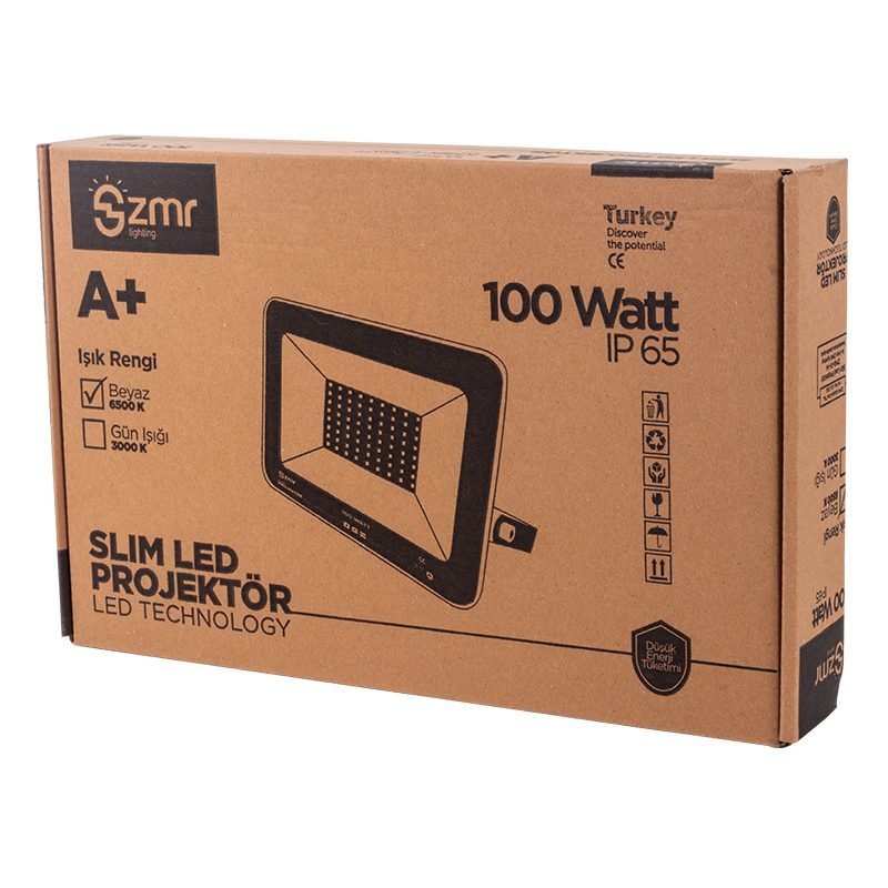 Zmr 100 Watt 6500k Ip65 150* Işık Açısı 220 Volt Beyaz Slim Kasa Led Projektör (4172)