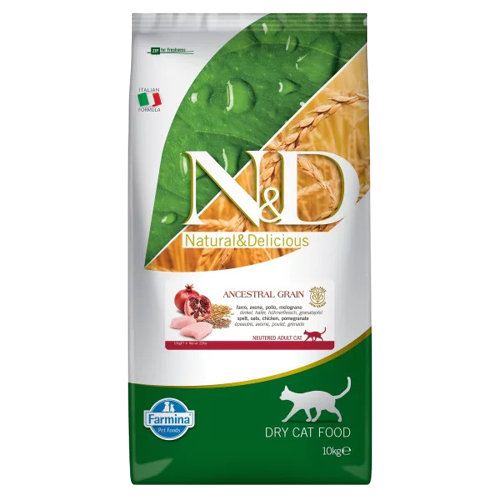 N&D Ancestral Grain Tavuklu ve Narlı Düşük Tahıllı Kısırlaştırılmış Kedi Maması 10 Kg - Lisinya