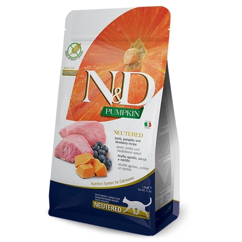 N&D Pumpkin Kuzu Etli Bal Kabaklı ve Yaban Mersinl Tahılsız Kısırlaştırılmış Kedi Maması 1,5 Kg - Lisinya